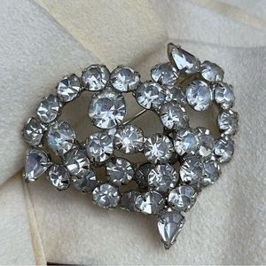 Vintage 1940 50 Antique Art Deco Chunky Retro Heart crystal Brooch